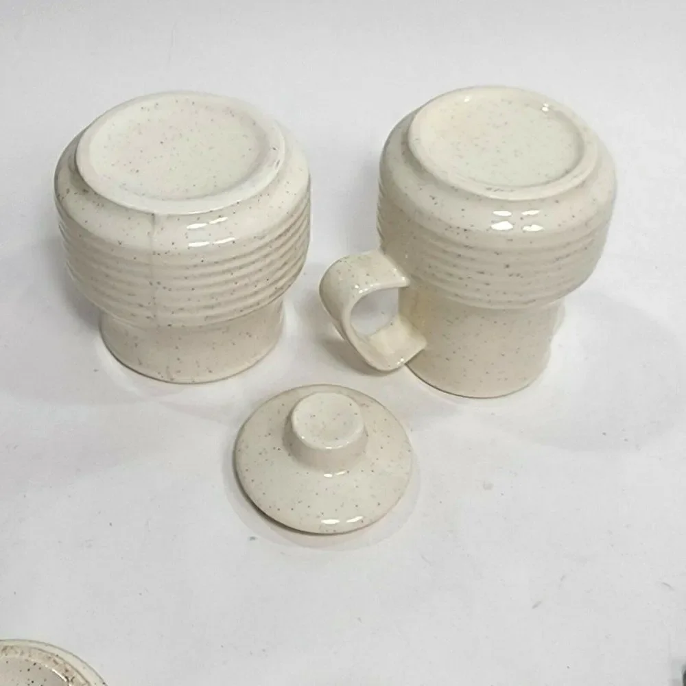 Set of 5 Vtg Speckled Stoneware Creamer, Sugar Bowl & Teacups‎ Raised Rings USA